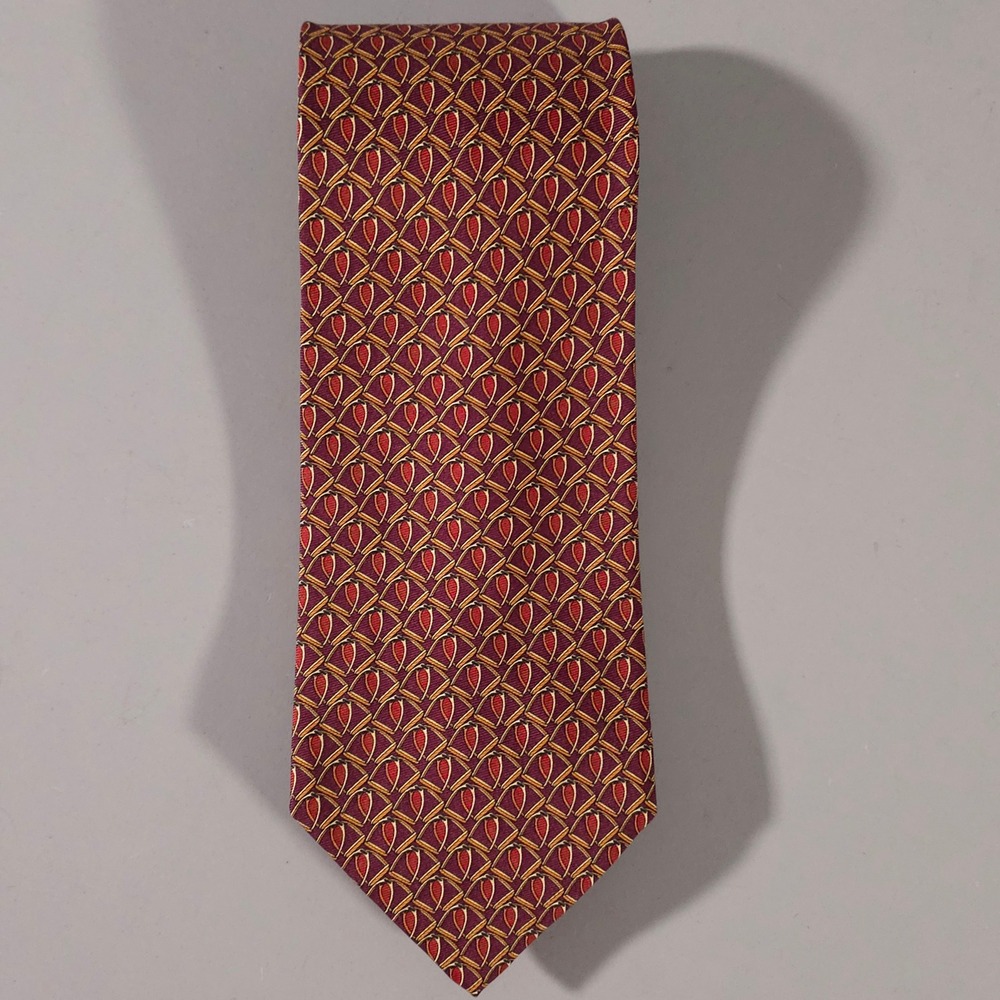 Brooks Brothers Tie Mens OS Burgundy Gold Silk Geometric Stirrup Pattern USA